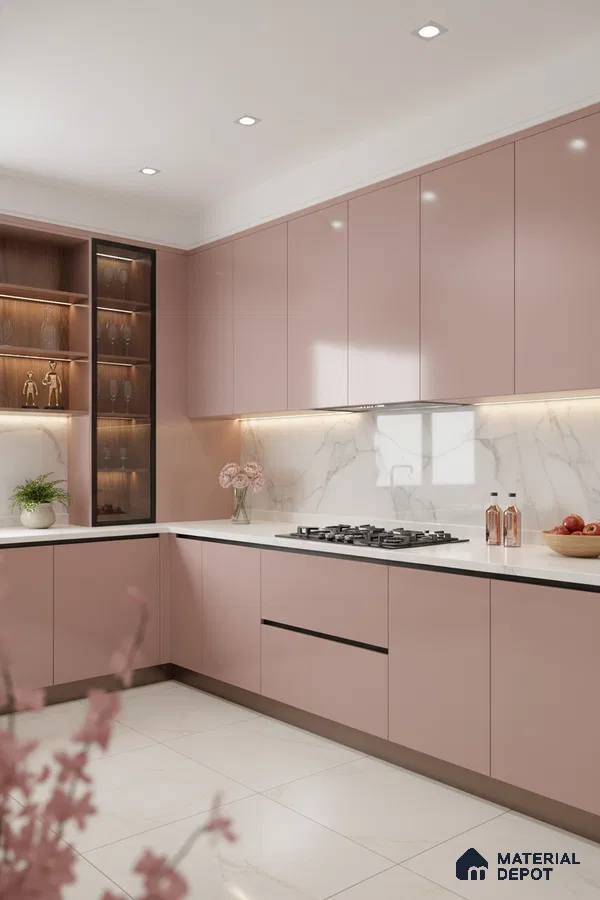 Modern kitchen with blush pink high gloss laminate, white marble backsplash, and white marble floor tiles in Bengaluru