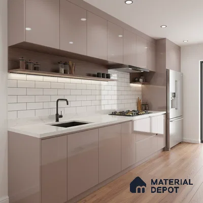 Modern kitchen with blush pink high gloss laminate, white marble-look quartz countertop, and subway tile backsplash in Bengaluru