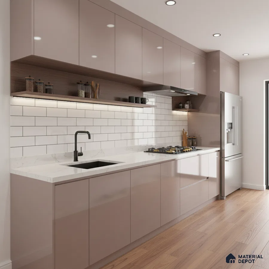 Modern kitchen with blush pink high gloss laminate, white marble-look quartz countertop, and subway tile backsplash in Bengaluru