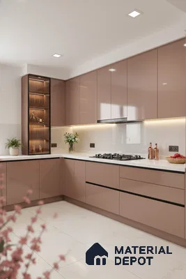Modern kitchen with blush pink high gloss laminate, white quartz countertop, and ivory marble floor tiles in Bengaluru