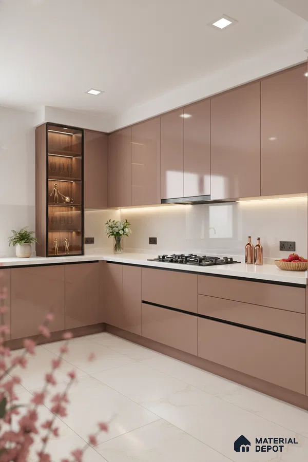 Modern kitchen with blush pink high gloss laminate, white quartz countertop, and ivory marble floor tiles in Bengaluru