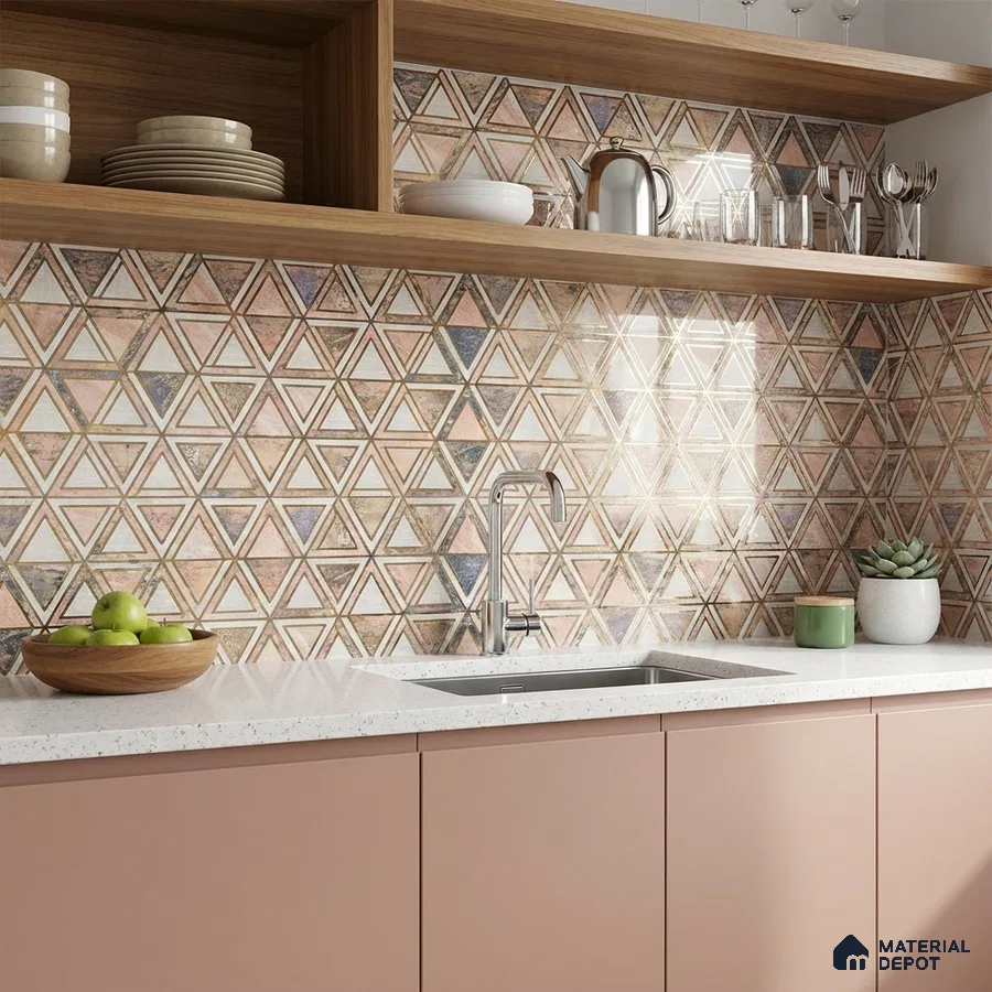 Modern kitchen with blush pink laminate cabinets, white quartz countertop, and geometric triangle patterned backsplash tiles