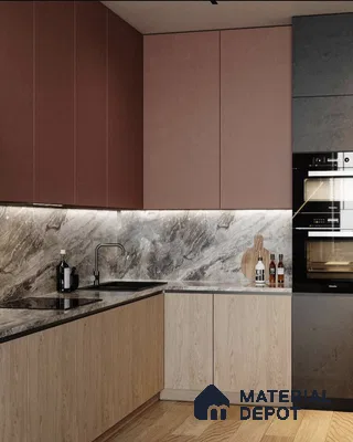 Modern kitchen with blush pink laminate, light oak wood laminate, and marble-look backsplash in Bengaluru | Material Depot