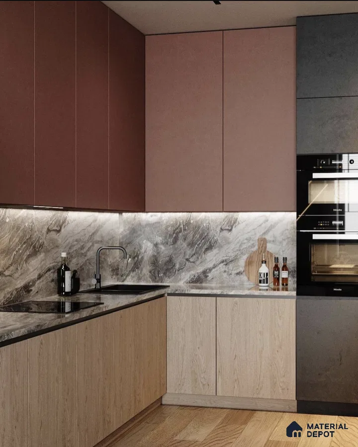 Modern kitchen with blush pink laminate, light oak wood laminate, and marble-look backsplash in Bengaluru | Material Depot