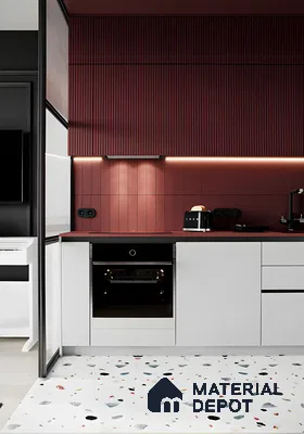 Modern Kitchen with Bold Burgundy Accents and Terrazzo Flooring | Material Depot