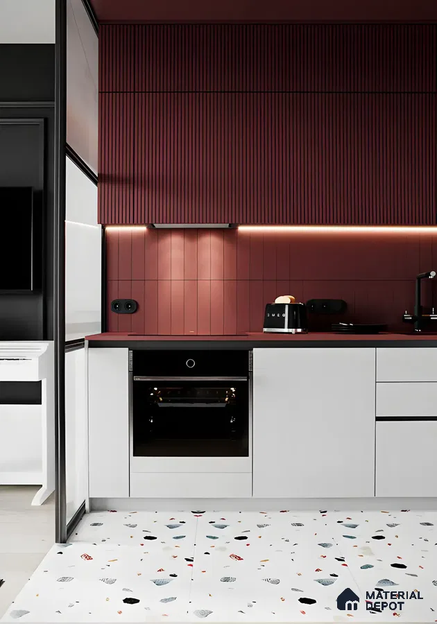 Modern Kitchen with Bold Burgundy Accents and Terrazzo Flooring | Material Depot