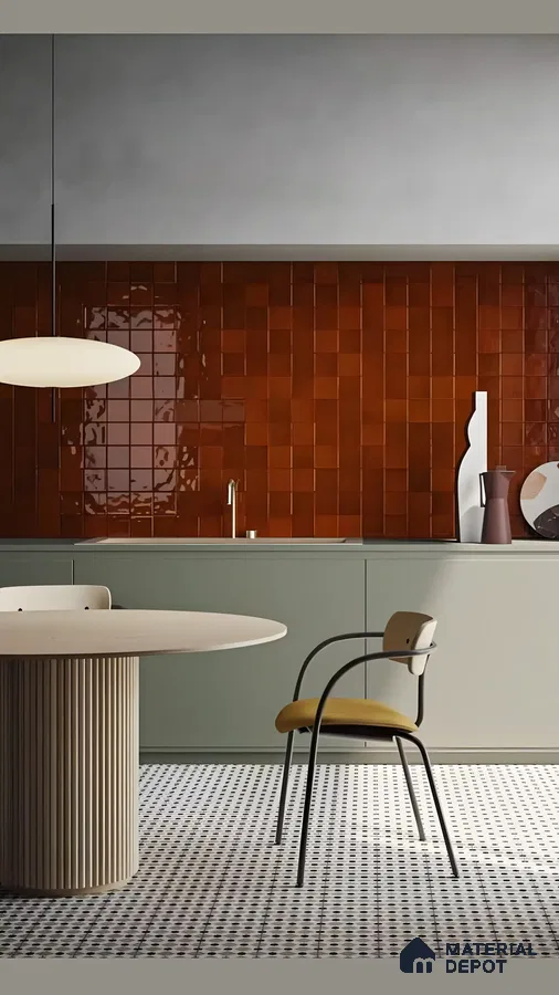 Modern Kitchen with Bold Red Tile Accent Wall | Material Depot