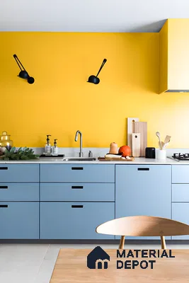 Modern Kitchen With Bold Yellow Walls And Blue Laminate Cabinets | Material Depot