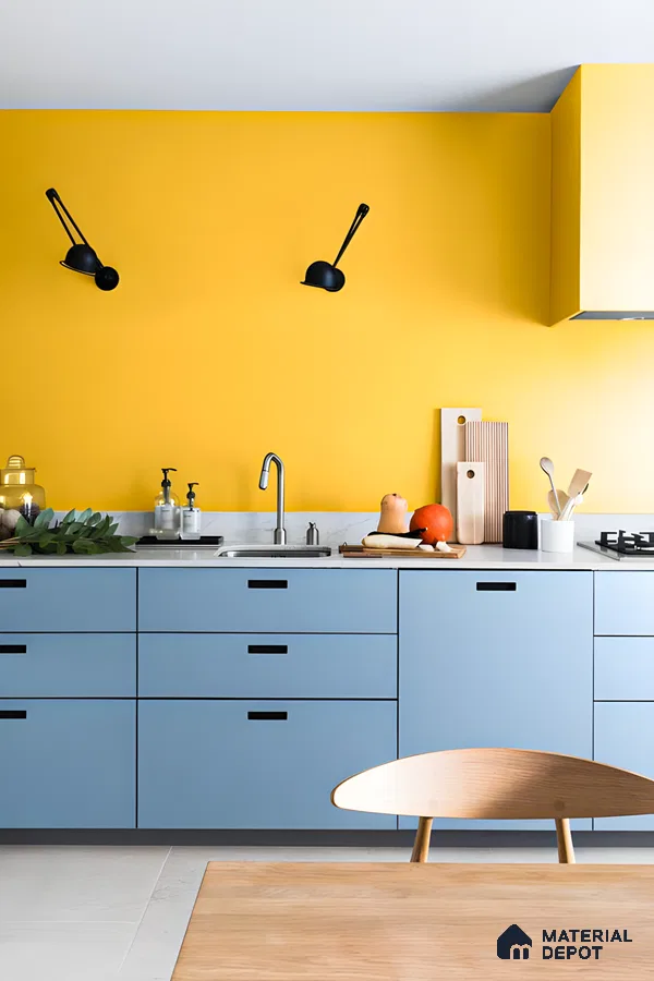 Modern Kitchen With Bold Yellow Walls And Blue Laminate Cabinets | Material Depot