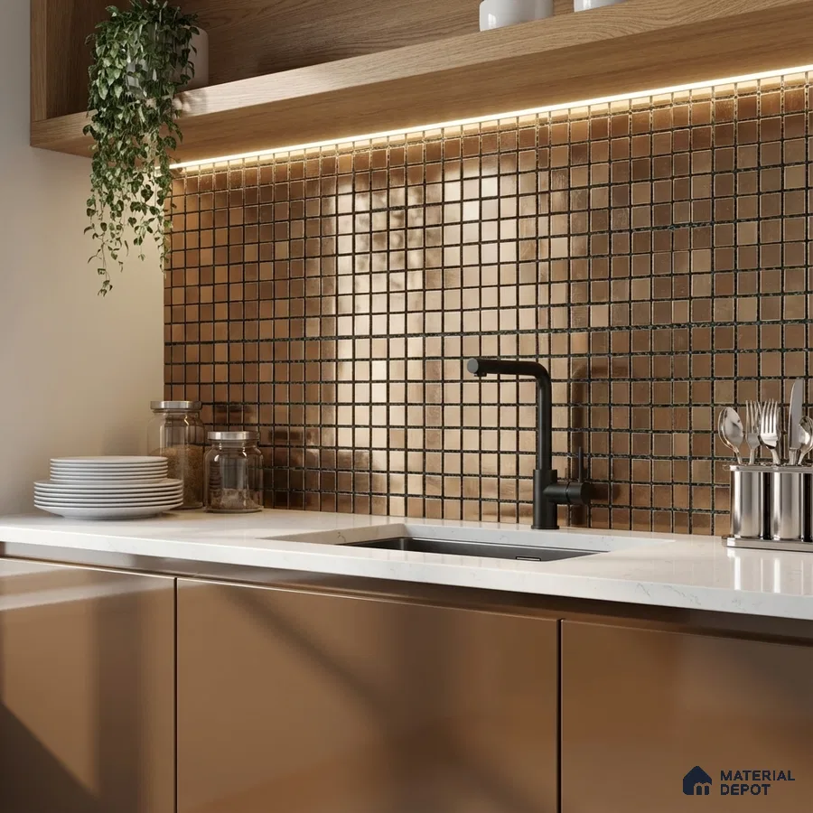 Modern kitchen with bronze metallic mosaic backsplash tile, white quartz countertop, and matte beige laminate cabinets
