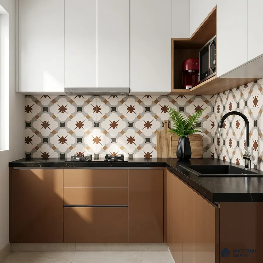 Modern kitchen with brown and white laminate, black quartz countertop, and floral patterned backsplash tiles