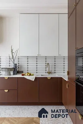 Modern kitchen with brown and white laminate, white geometric backsplash tile, and terrazzo flooring in Bengaluru | Material Depot