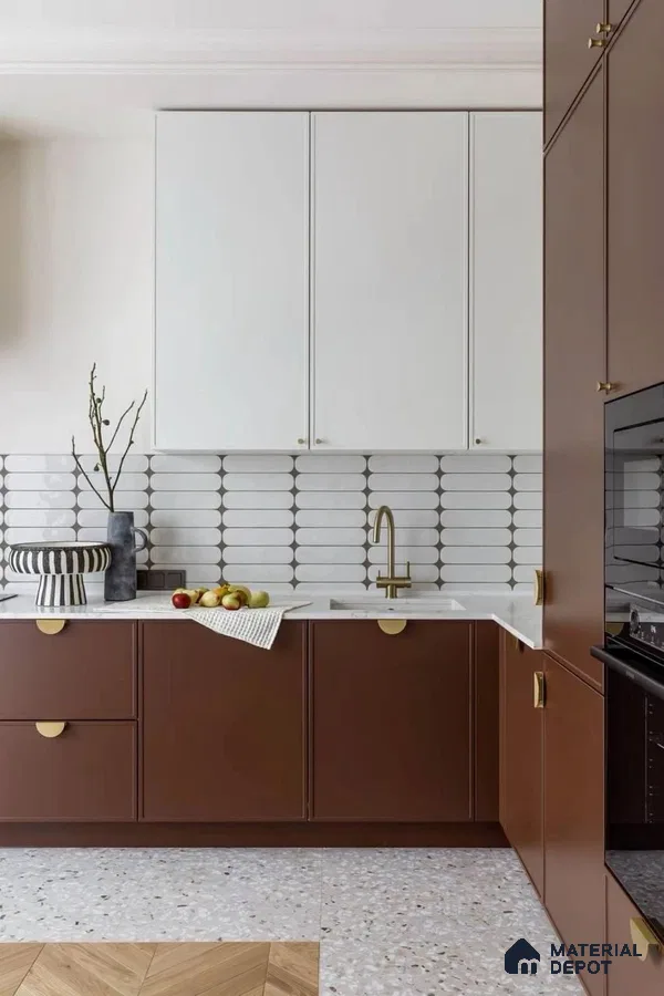 Modern kitchen with brown and white laminate, white geometric backsplash tile, and terrazzo flooring in Bengaluru | Material Depot