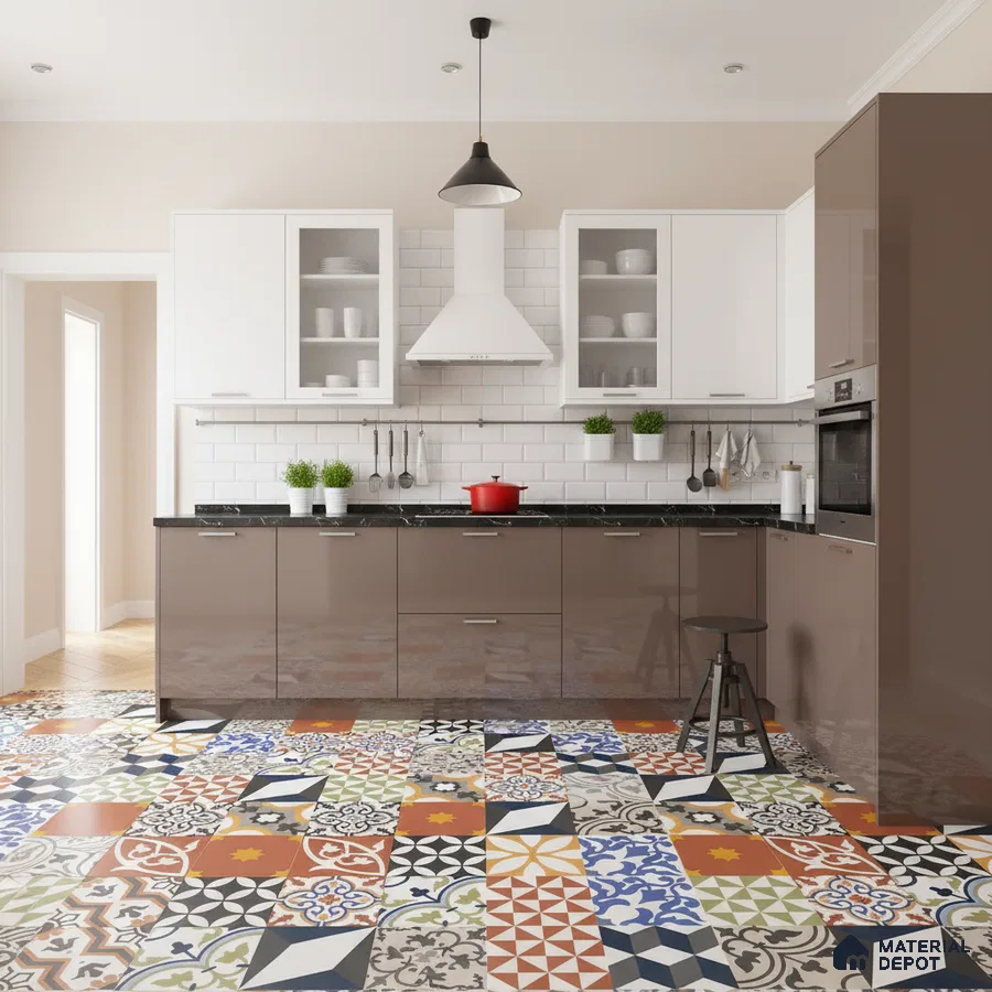Modern kitchen with brown high gloss laminate, white subway tile backsplash, and multicolor patterned moroccan floor tiles in Bengaluru