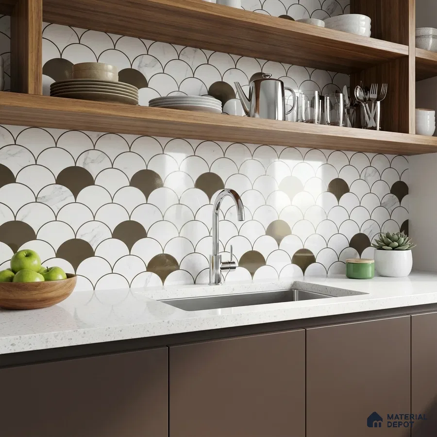 Modern kitchen with brown laminate cabinets, white quartz countertop, and scallop marble and gold accent backsplash tile