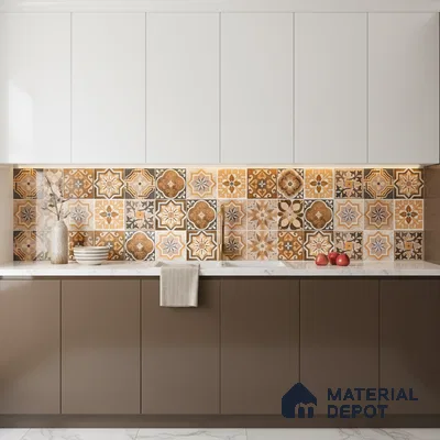 Modern kitchen with brown laminate cabinets, white upper cabinets, and Moroccan patterned backsplash tiles in Bengaluru