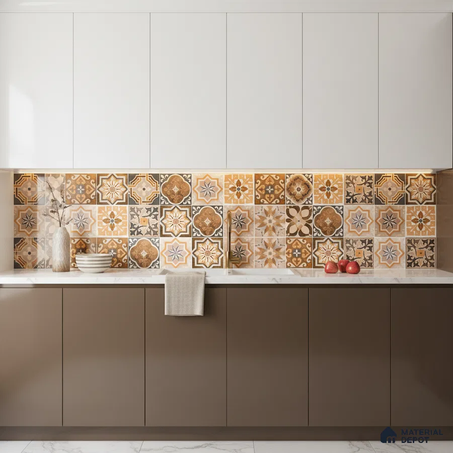 Modern kitchen with brown laminate cabinets, white upper cabinets, and Moroccan patterned backsplash tiles in Bengaluru