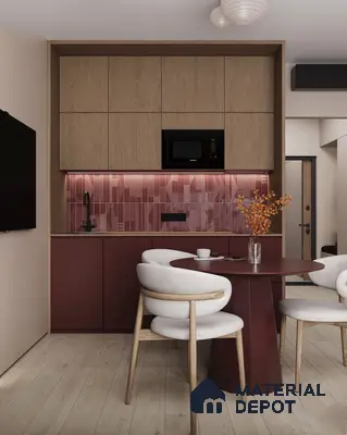 Modern kitchen with burgundy laminate, oak wood laminate, and geometric pink backsplash tile in Bengaluru | Material Depot