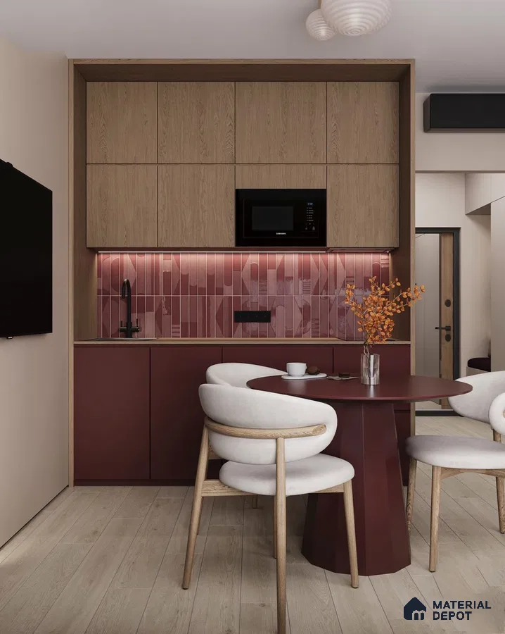 Modern kitchen with burgundy laminate, oak wood laminate, and geometric pink backsplash tile in Bengaluru | Material Depot