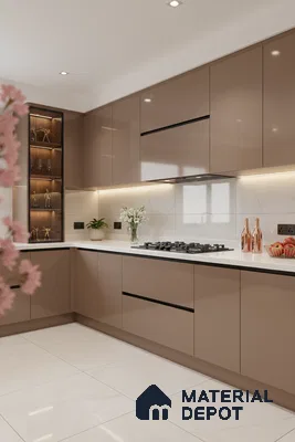 Modern kitchen with cappuccino high gloss laminate, white quartz countertop, and marble-look floor tiles in Bengaluru