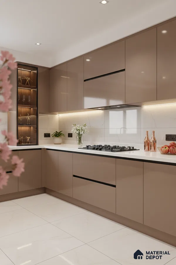 Modern kitchen with cappuccino high gloss laminate, white quartz countertop, and marble-look floor tiles in Bengaluru
