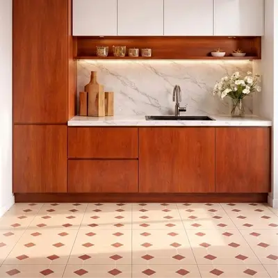 Modern kitchen with cherry wood laminate, white marble backsplash, and geometric patterned floor tiles