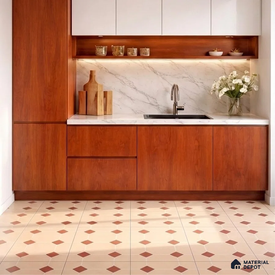 Modern kitchen with cherry wood laminate, white marble backsplash, and geometric patterned floor tiles