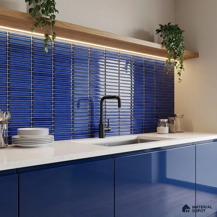 Modern kitchen with cobalt blue kitkat backsplash tile, glossy blue laminate cabinets, and white quartz countertop