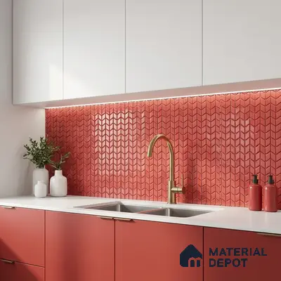 Modern kitchen with coral red chevron backsplash tile and matte white and coral laminate cabinets