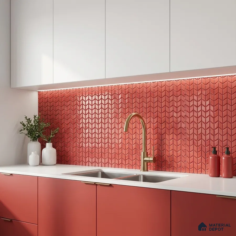 Modern kitchen with coral red chevron backsplash tile and matte white and coral laminate cabinets