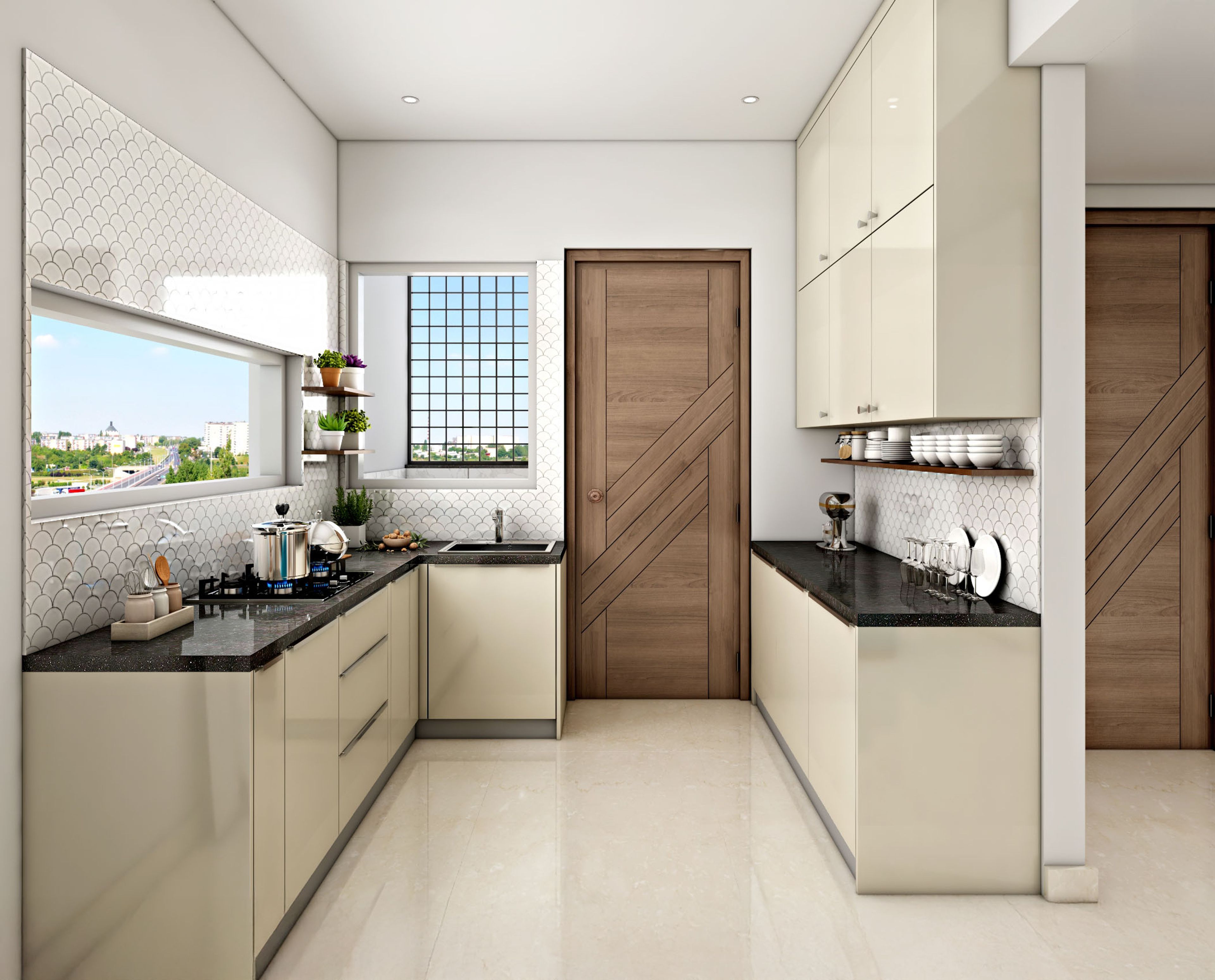 Modern kitchen with cream high gloss laminate, black granite countertop, and white fishscale backsplash tile in Bengaluru | Material Depot
