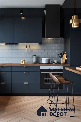 Modern Kitchen with Dark Cabinets and White Subway Tiles | Material Depot