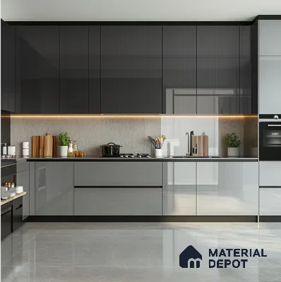 Modern Kitchen with Dark Fluted Acrylic Cabinets and Glossy Finishes | Material Depot