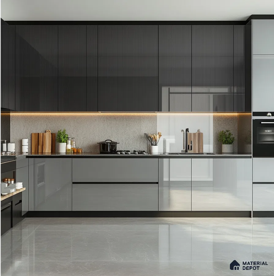 Modern Kitchen with Dark Fluted Acrylic Cabinets and Glossy Finishes | Material Depot