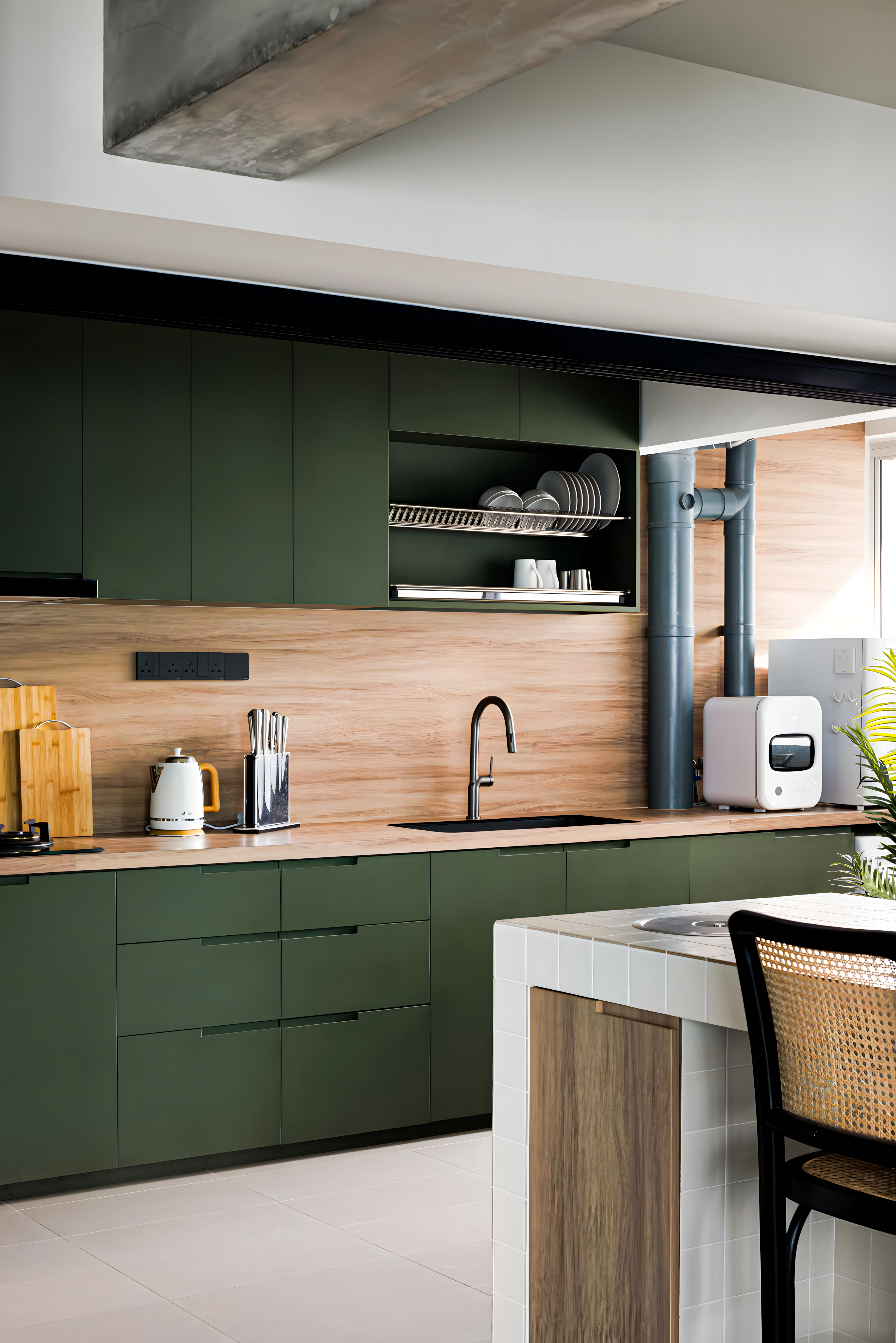 Modern Kitchen with Dark Green Cabinets and Wood Accents | Material Depot