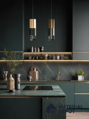 Modern kitchen with dark green marble-look laminate, gold accents, and fluted wall panels in Bengaluru | Material Depot