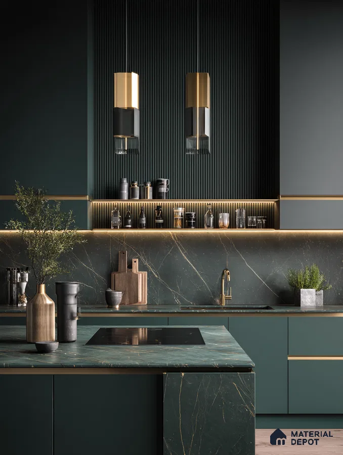 Modern kitchen with dark green marble-look laminate, gold accents, and fluted wall panels in Bengaluru | Material Depot