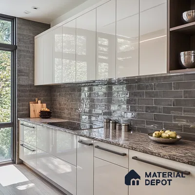 Modern Kitchen with Dark Stone Backsplash and Sleek White Cabinetry | Material Depot