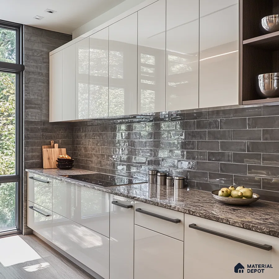 Modern Kitchen with Dark Stone Backsplash and Sleek White Cabinetry | Material Depot