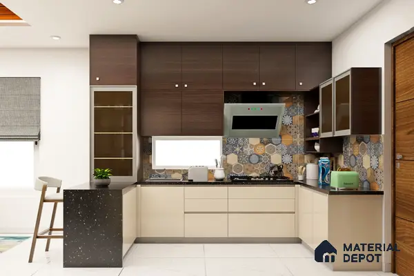 Modern kitchen with dark wood laminate, beige laminate cabinets, black quartz countertop, and patterned hexagonal backsplash tiles in Bengaluru | Material Depot