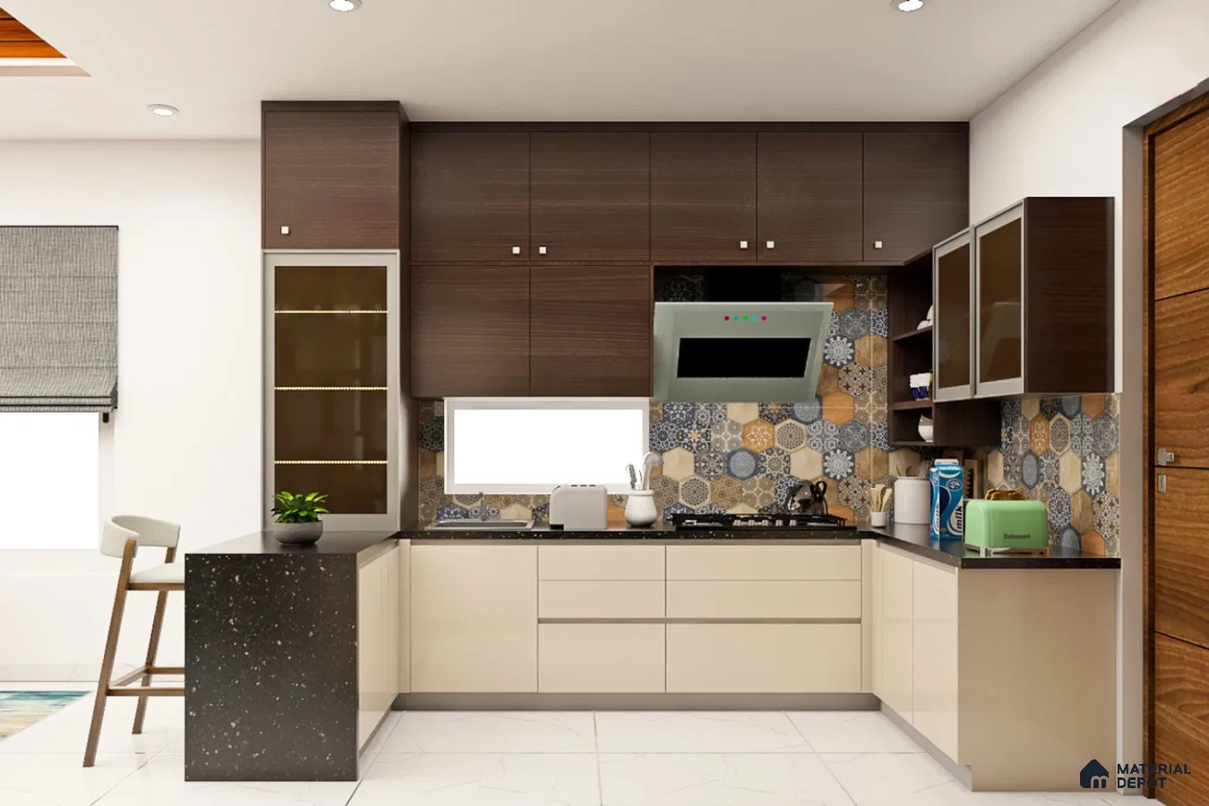 Modern kitchen with dark wood laminate, beige laminate cabinets, black quartz countertop, and patterned hexagonal backsplash tiles in Bengaluru | Material Depot
