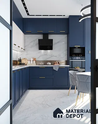 Modern kitchen with deep navy blue cabinetry, marble countertops, and sleek white marble flooring. | Material Depot