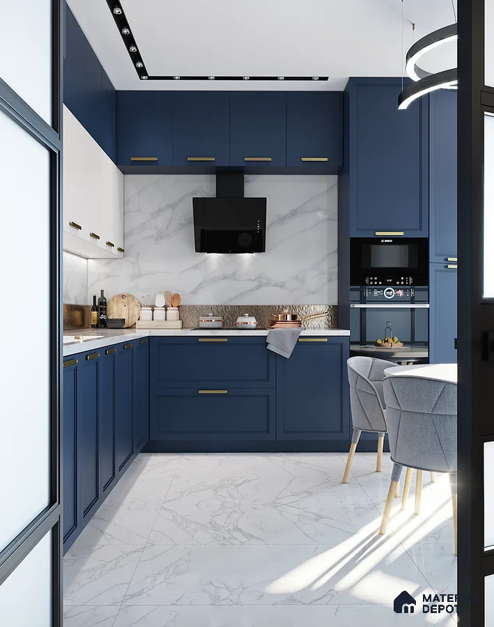 Modern kitchen with deep navy blue cabinetry, marble countertops, and sleek white marble flooring. | Material Depot