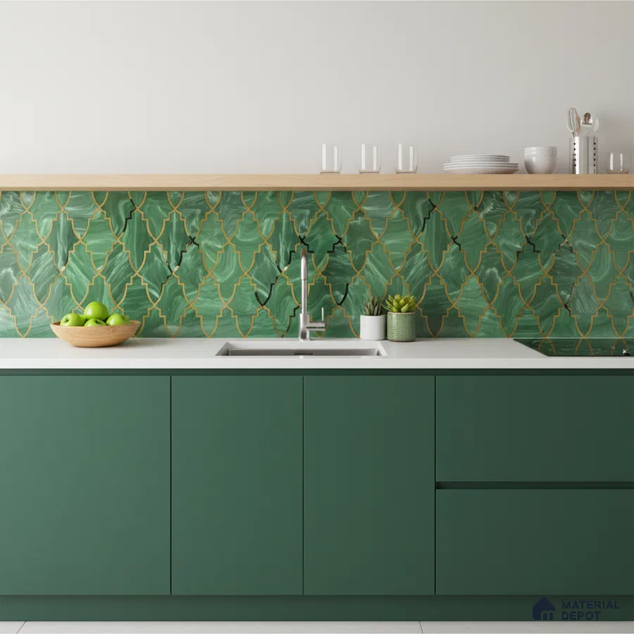 Modern kitchen with emerald green laminate cabinets and green moroccan backsplash tile