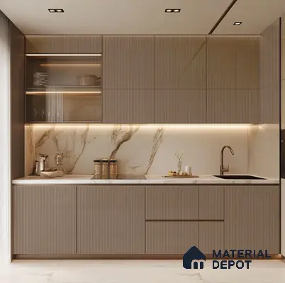 Modern Kitchen with Fluted Acrylic Cabinets and Marble Backsplash | Material Depot
