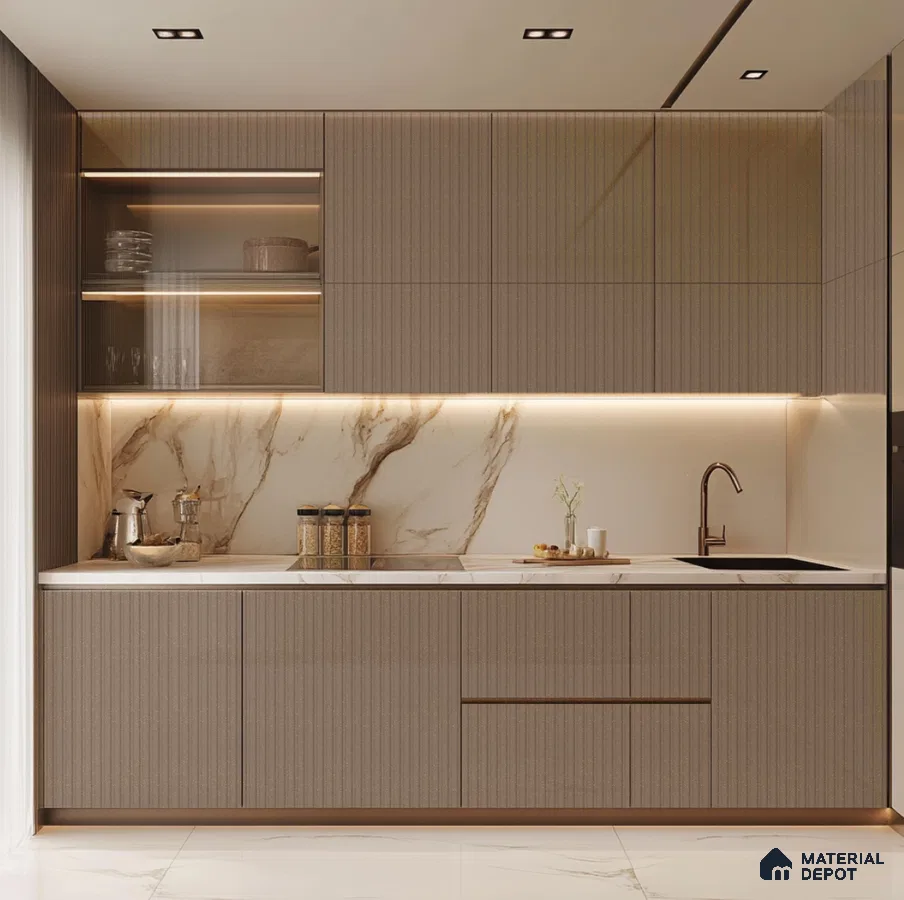 Modern Kitchen with Fluted Acrylic Cabinets and Marble Backsplash | Material Depot