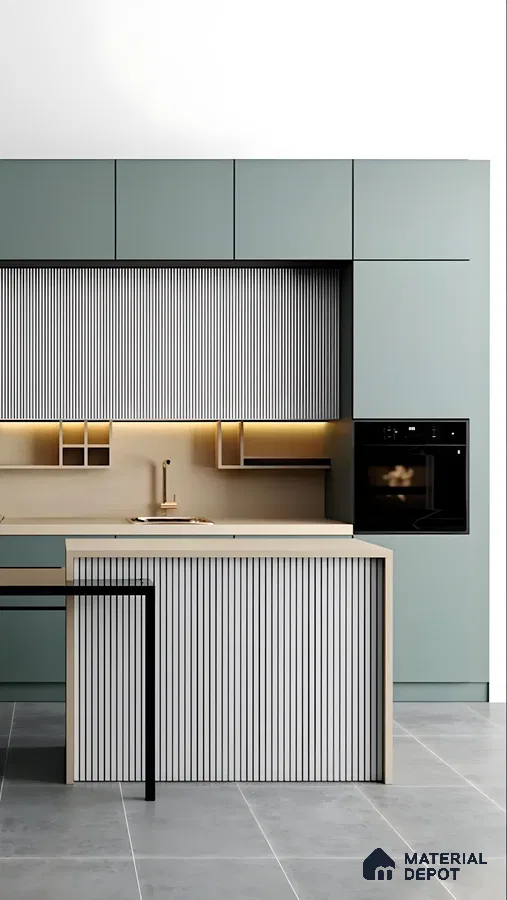 Modern Kitchen with Fluted Panel Detailing and Sleek Green Cabinetry | Material Depot