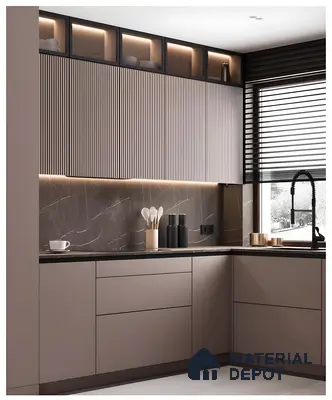 Modern Kitchen With Fluted Wood Panels And Marble Countertop | Material Depot