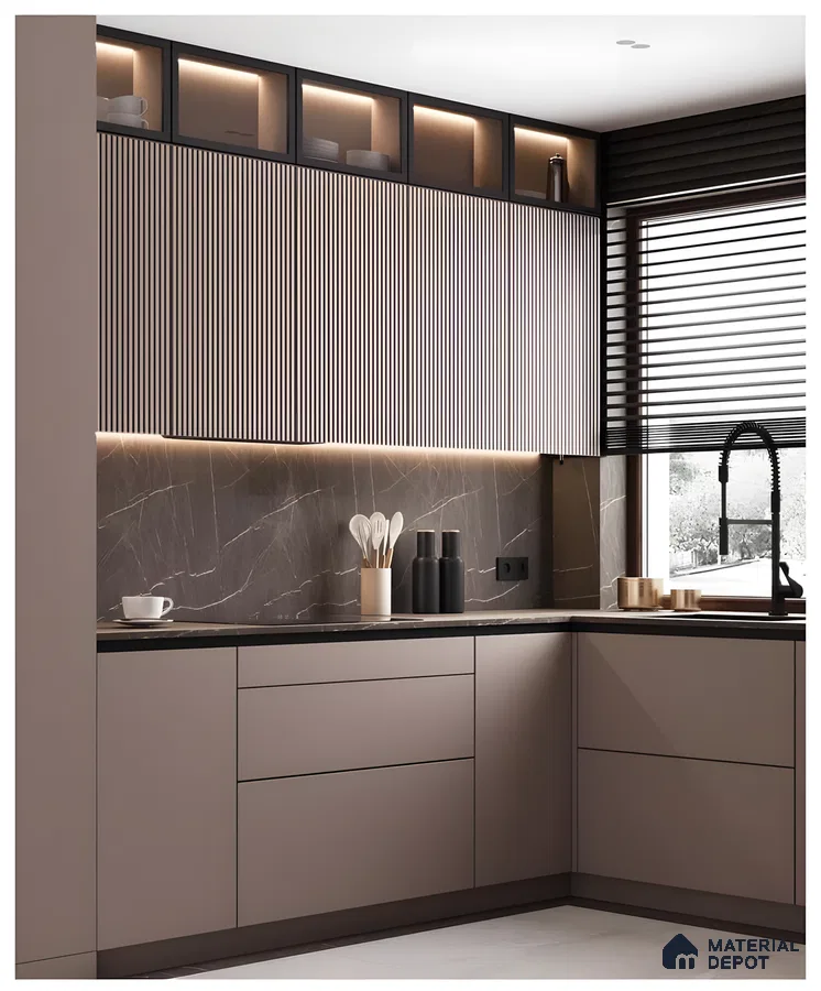 Modern Kitchen With Fluted Wood Panels And Marble Countertop | Material Depot
