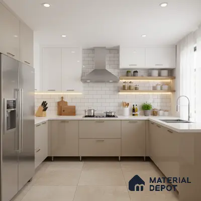 Modern kitchen with frosty white and beige laminate, white quartz countertop, and subway tile backsplash in Bengaluru